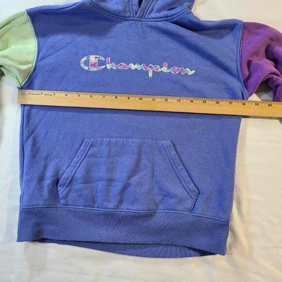 Champion Colorblock Hoodie M | Blue Green Purple Script Logo Fleece Sweatshirt - Picture 6 of 8